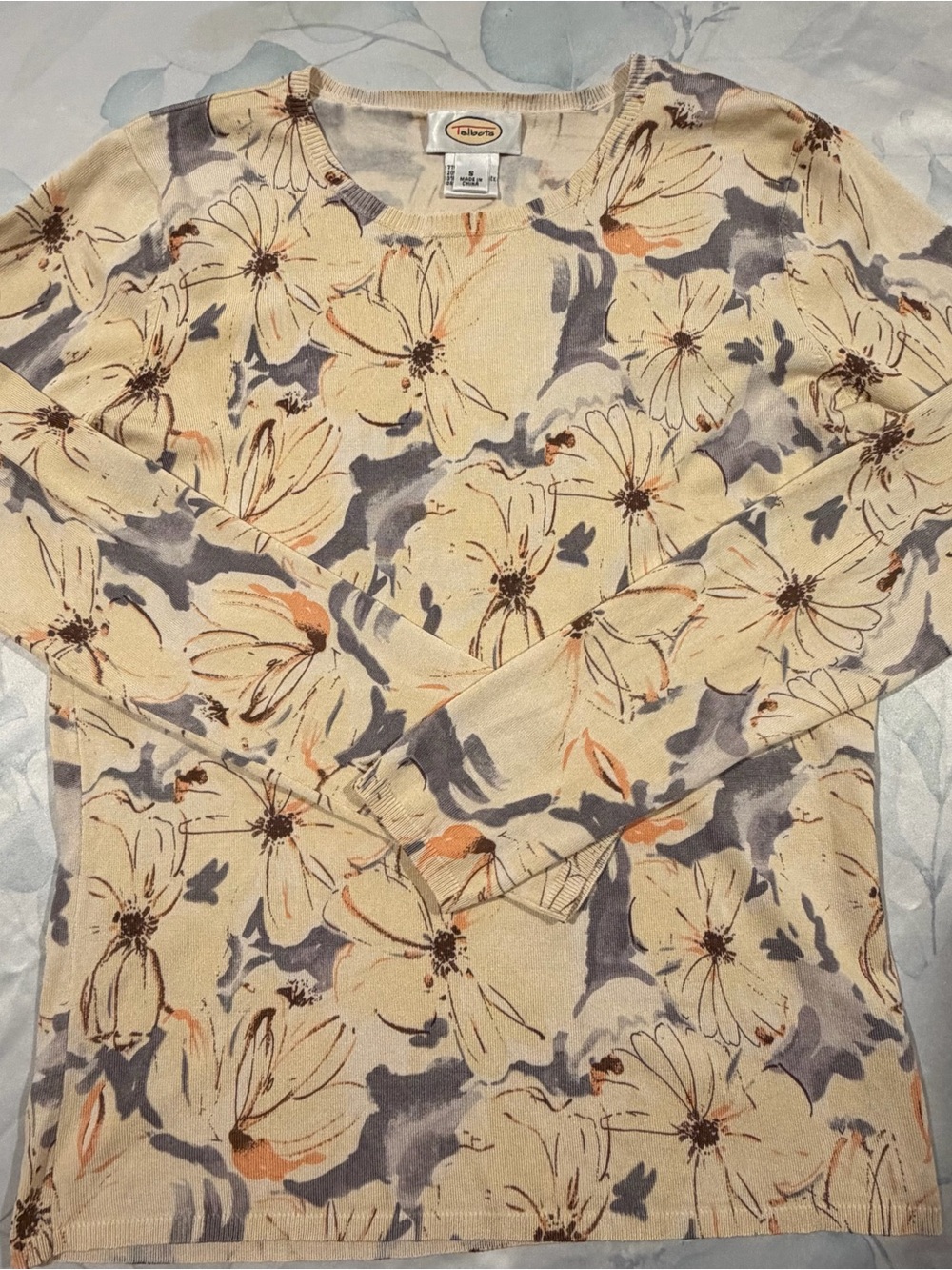 Talbots Cream Floral Long Sleeve Top with Gray and Peach Accents